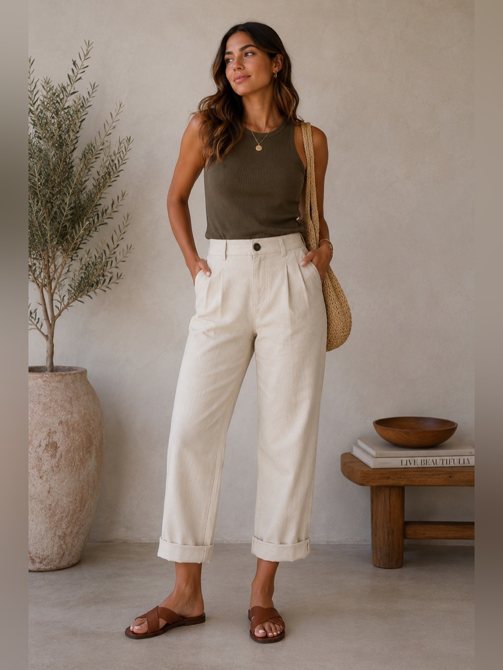 Mara Hoffman Jade High Rise‎ Linen Cotton Button Fly Cream Cropped Pants